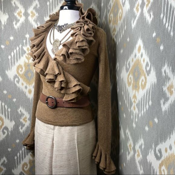 Ralph Lauren Toffee Melange Cashmere Knit Ruffled Wrap-Around L/S Sweater - Picture 1 of 16